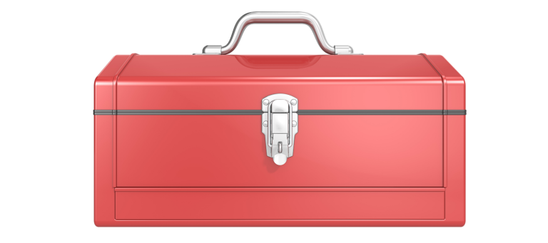 a red toolbox with a silver handle on a white background