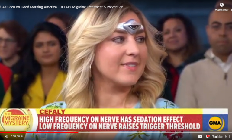 a woman wearing on a CEFALY device for migraine treatment and prevention on Good Morning America