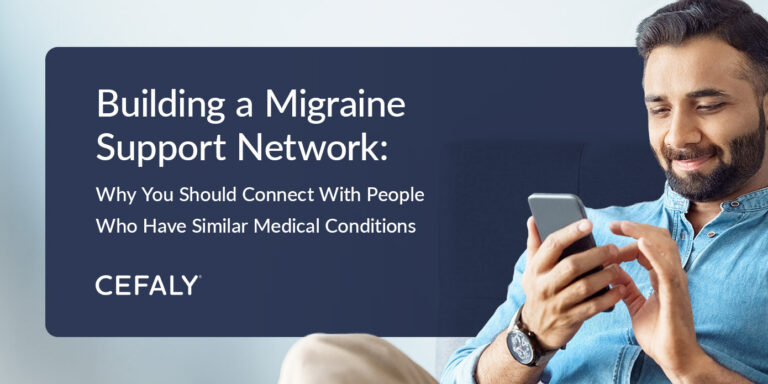 a man is smiling while looking at his phone while building a migraine support network