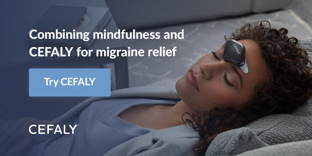 woman laying down with a CEFALY device on her forehead and her eyes closed - Combining mindfulness and CEFALY for migraine relief