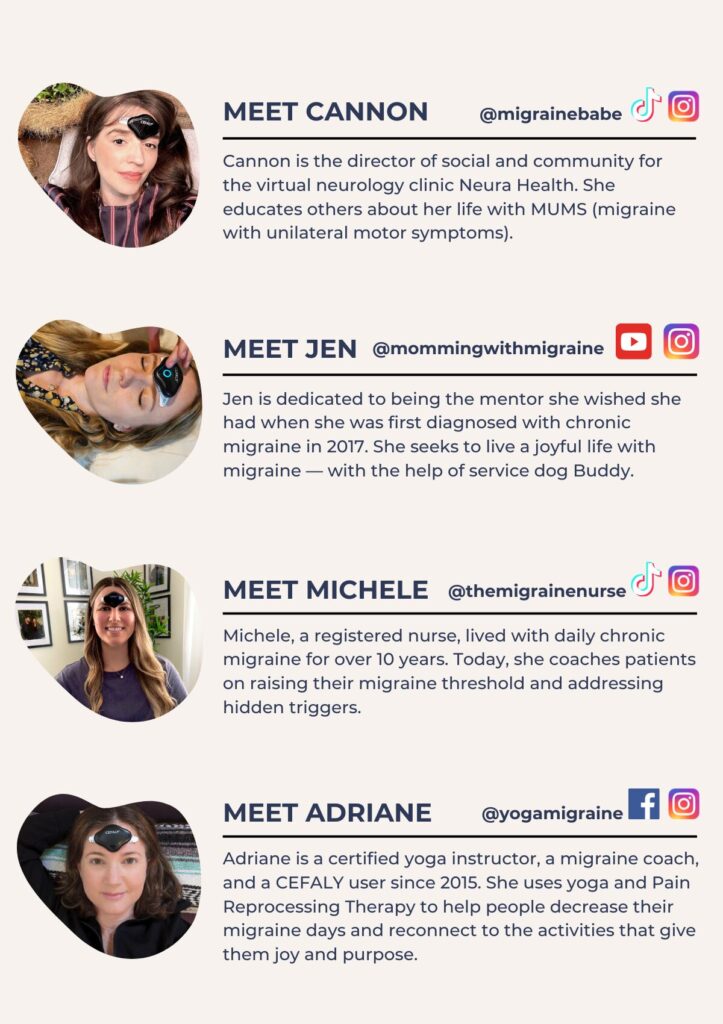 a poster with four female migraine influencers named Cannon, Jen, Michele, and Adriane