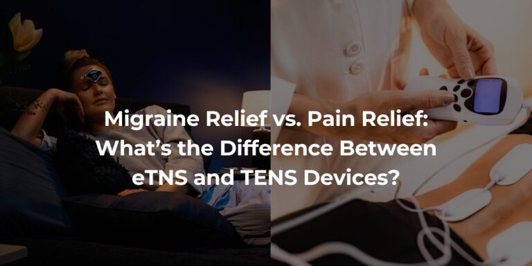 Split image: A TENS device being used on a woman's back, and the CEFALY eTNS device worn on a woman's forehead