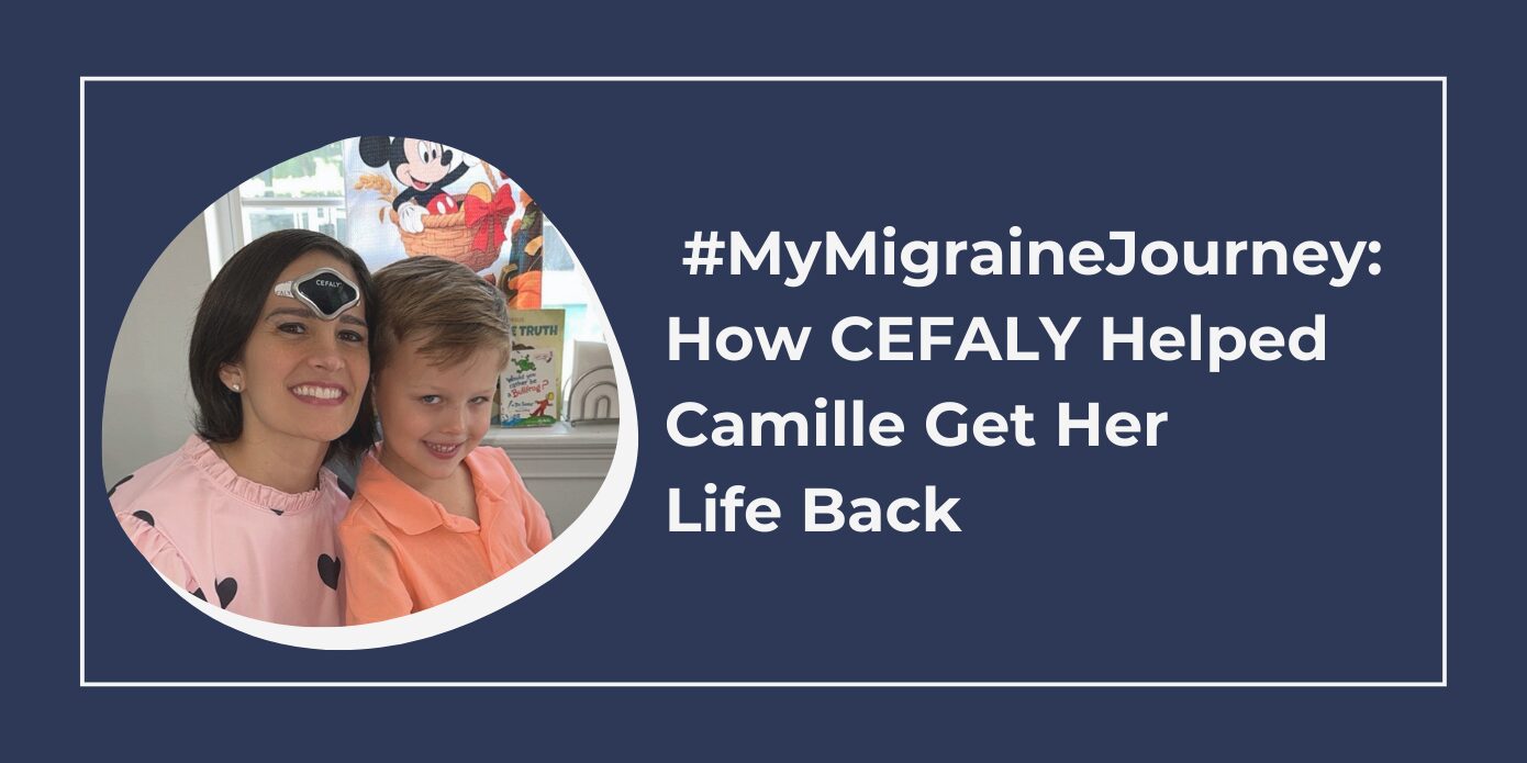 A mom with short brown hair hugs her son while wearing the CEFALY migraine device